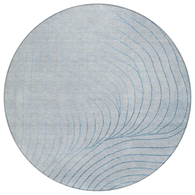 8' Sky Blue And Silver Round Abstract Washable Indoor Outdoor Area Rug