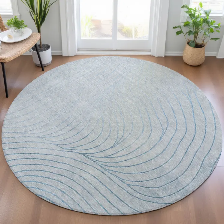 8' Sky Blue And Silver Round Abstract Washable Indoor Outdoor Area Rug
