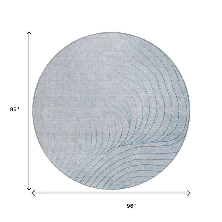 8' Sky Blue And Silver Round Abstract Washable Indoor Outdoor Area Rug