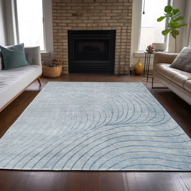 8' X 10' Sky Blue And Silver Abstract Washable Indoor Outdoor Area Rug