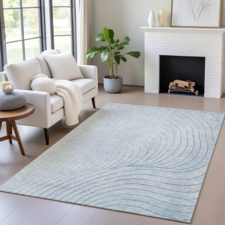 9' X 12' Sky Blue And Silver Abstract Washable Indoor Outdoor Area Rug