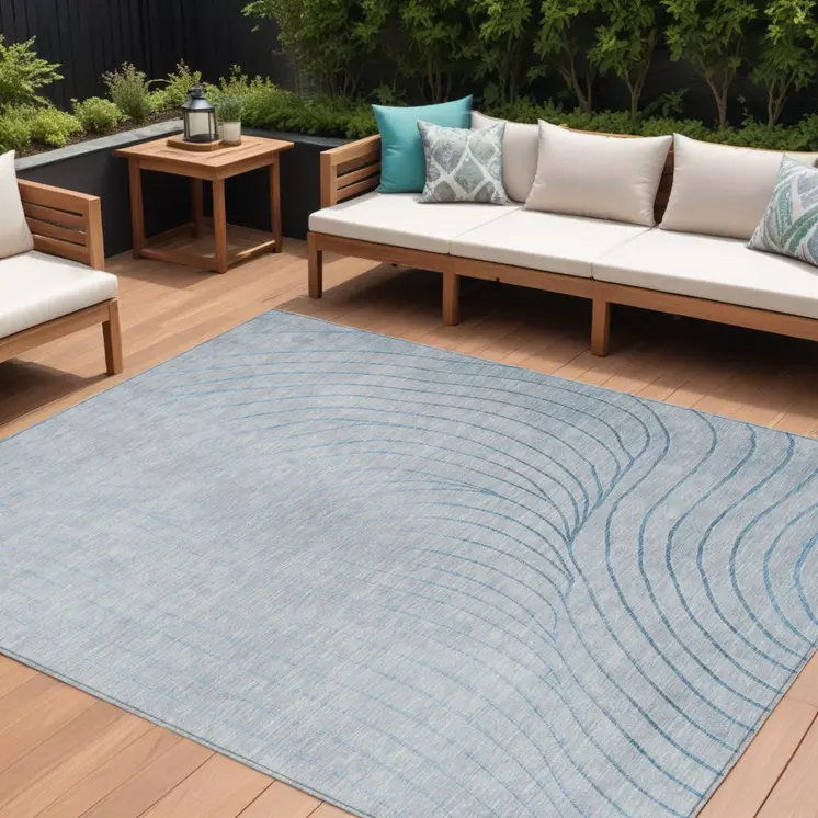 10' X 14' Sky Blue And Silver Abstract Washable Indoor Outdoor Area Rug
