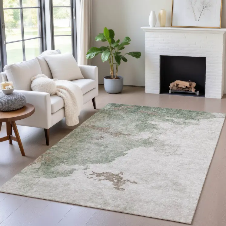 3' X 5' Artichoke Green And Linen Abstract Washable Indoor Outdoor Area Rug