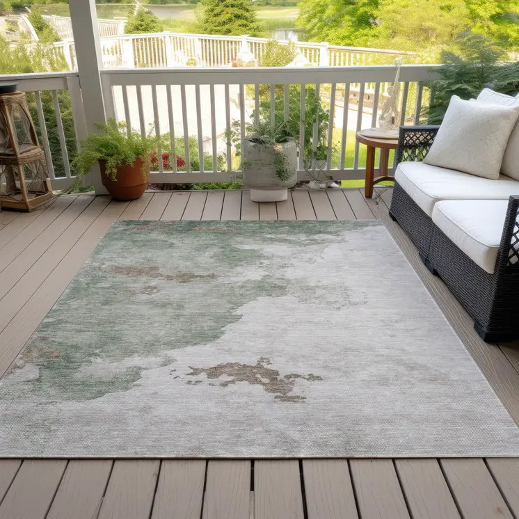 3' X 5' Artichoke Green And Linen Abstract Washable Indoor Outdoor Area Rug