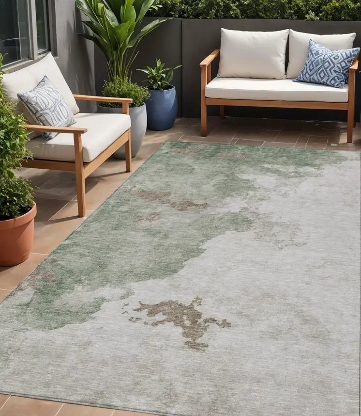 5' X 8' Artichoke Green And Linen Abstract Washable Indoor Outdoor Area Rug