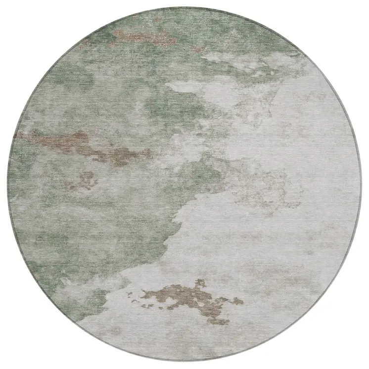 8' Artichoke Green And Linen Round Abstract Washable Indoor Outdoor Area Rug