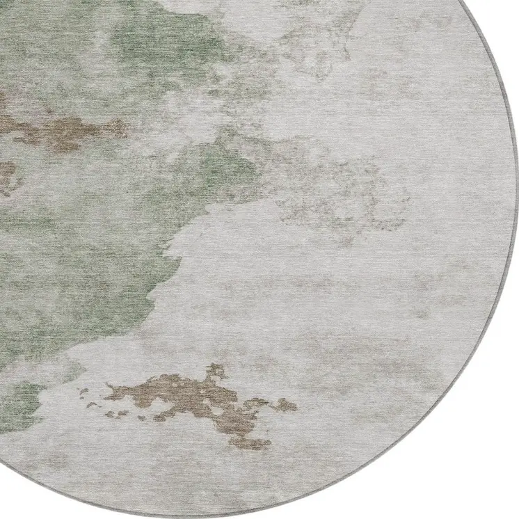 8' Artichoke Green And Linen Round Abstract Washable Indoor Outdoor Area Rug