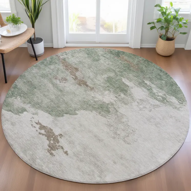 8' Artichoke Green And Linen Round Abstract Washable Indoor Outdoor Area Rug