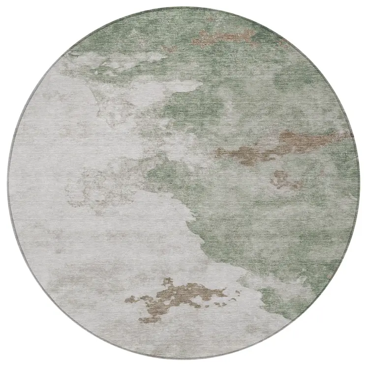 8' Artichoke Green And Linen Round Abstract Washable Indoor Outdoor Area Rug