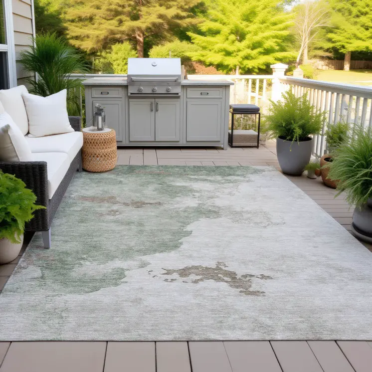 9' X 12' Artichoke Green And Linen Abstract Washable Indoor Outdoor Area Rug
