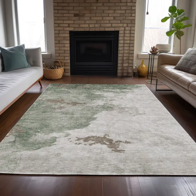 9' X 12' Artichoke Green And Linen Abstract Washable Indoor Outdoor Area Rug