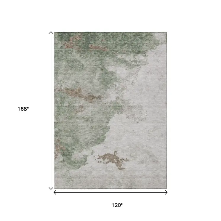 10' X 14' Artichoke Green And Linen Abstract Washable Indoor Outdoor Area Rug