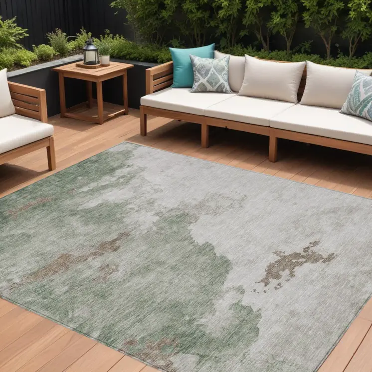 10' X 14' Artichoke Green And Linen Abstract Washable Indoor Outdoor Area Rug