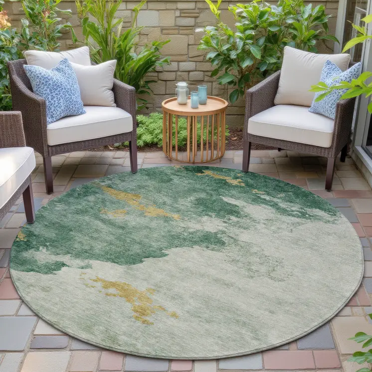 8' Emerald And Gold Round Abstract Washable Indoor Outdoor Area Rug