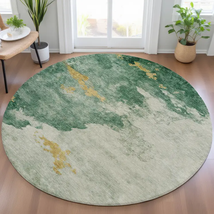 8' Emerald And Gold Round Abstract Washable Indoor Outdoor Area Rug