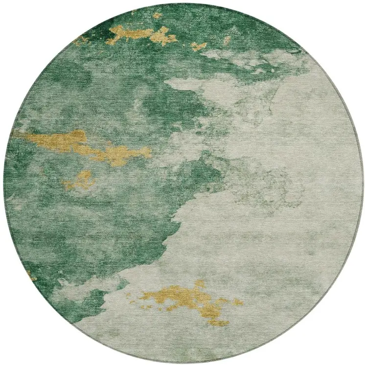 8' Emerald And Gold Round Abstract Washable Indoor Outdoor Area Rug