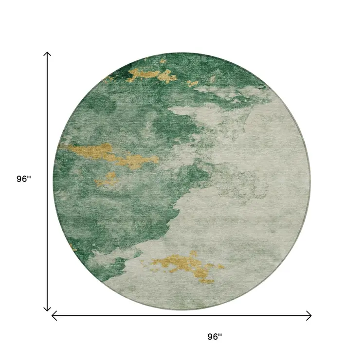 8' Emerald And Gold Round Abstract Washable Indoor Outdoor Area Rug