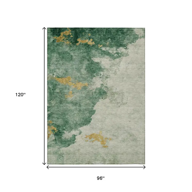 8' X 10' Emerald And Gold Abstract Washable Indoor Outdoor Area Rug