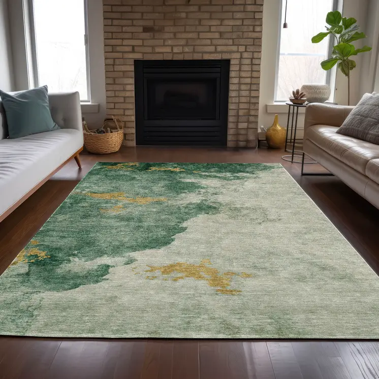 9' X 12' Emerald And Gold Abstract Washable Indoor Outdoor Area Rug