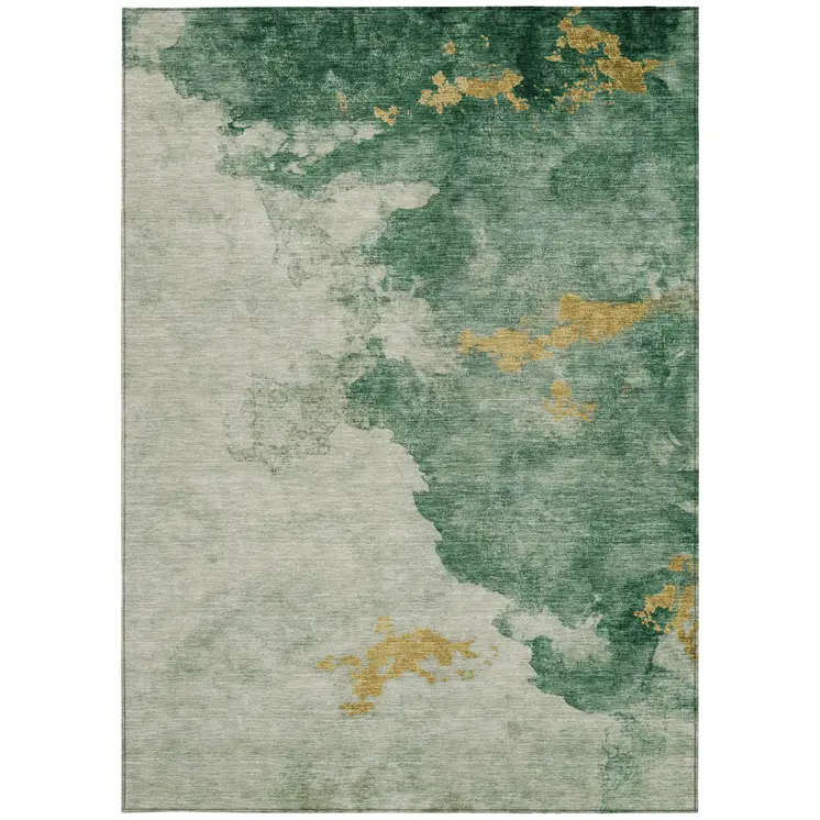 10' X 14' Emerald And Gold Abstract Washable Indoor Outdoor Area Rug