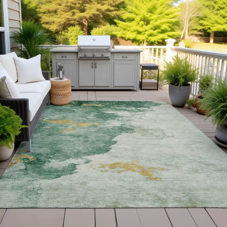 10' X 14' Emerald And Gold Abstract Washable Indoor Outdoor Area Rug