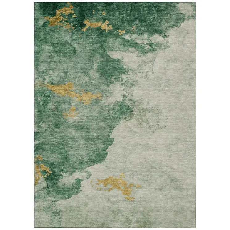 10' X 14' Emerald And Gold Abstract Washable Indoor Outdoor Area Rug