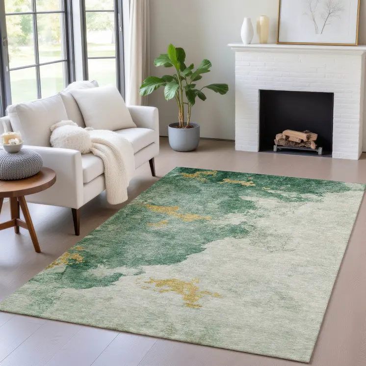 10' X 14' Emerald And Gold Abstract Washable Indoor Outdoor Area Rug
