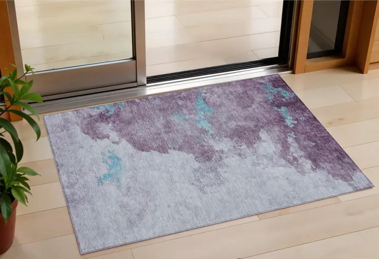 3' X 5' Lavender And Teal Blue Abstract Washable Indoor Outdoor Area Rug
