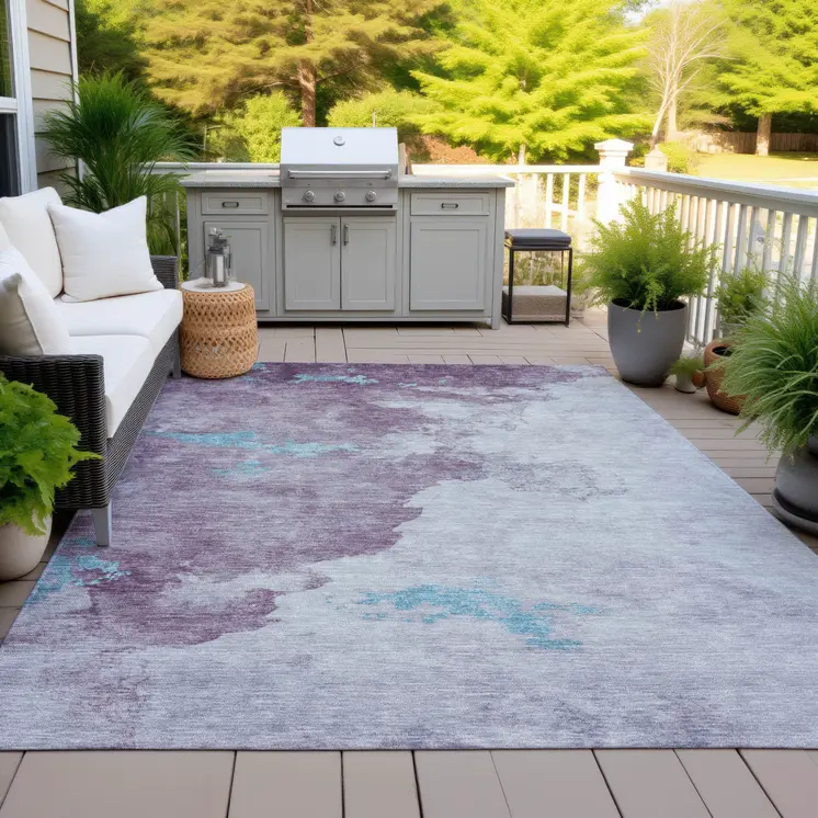 3' X 5' Lavender And Teal Blue Abstract Washable Indoor Outdoor Area Rug