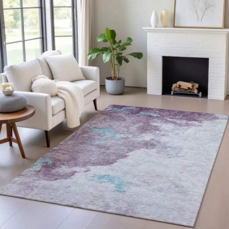 3' X 5' Lavender And Teal Blue Abstract Washable Indoor Outdoor Area Rug