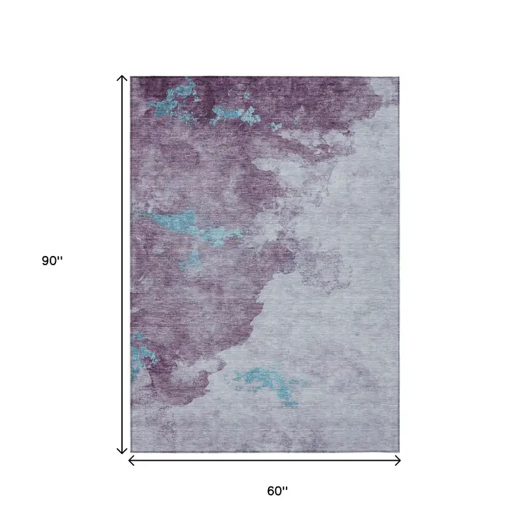 5' X 8' Lavender And Teal Blue Abstract Washable Indoor Outdoor Area Rug