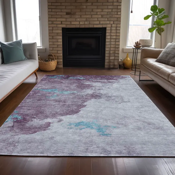 5' X 8' Lavender And Teal Blue Abstract Washable Indoor Outdoor Area Rug