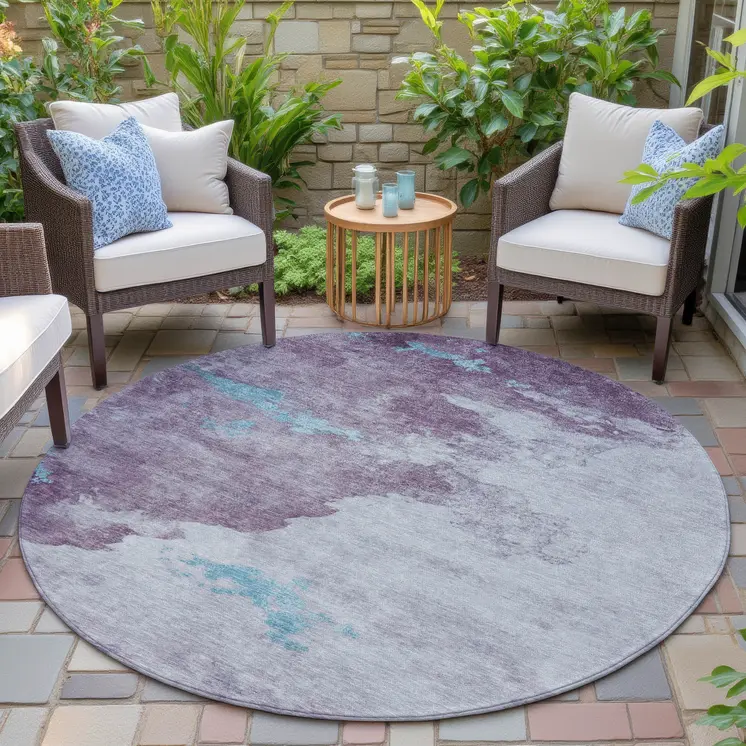 8' Lavender And Teal Blue Round Abstract Washable Indoor Outdoor Area Rug