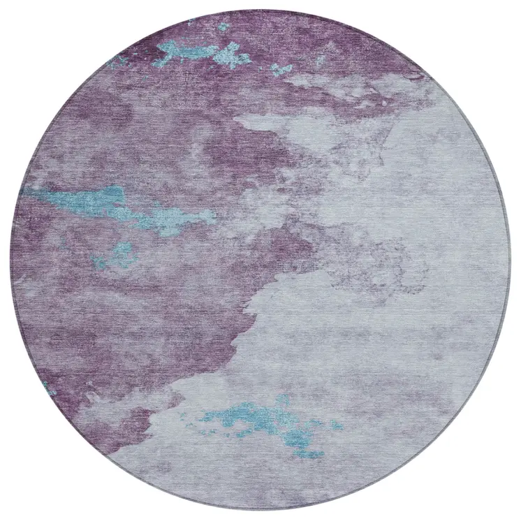 8' Lavender And Teal Blue Round Abstract Washable Indoor Outdoor Area Rug