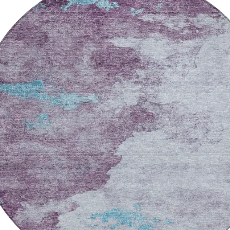 8' Lavender And Teal Blue Round Abstract Washable Indoor Outdoor Area Rug