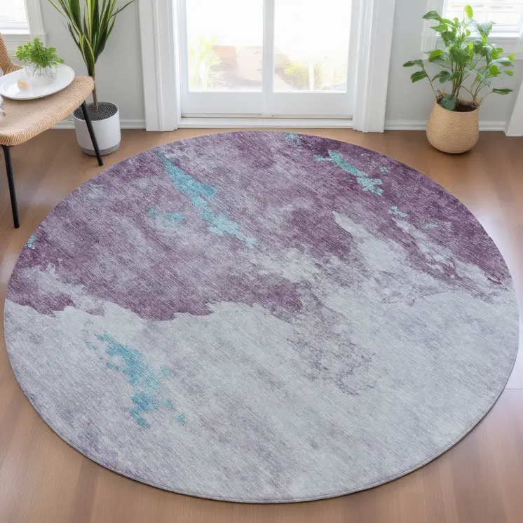 8' Lavender And Teal Blue Round Abstract Washable Indoor Outdoor Area Rug