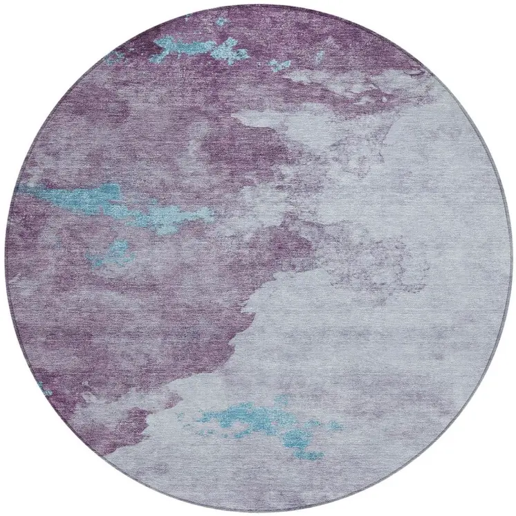 8' Lavender And Teal Blue Round Abstract Washable Indoor Outdoor Area Rug