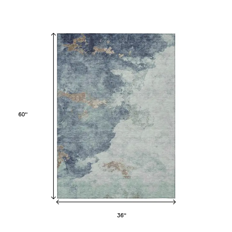 3' X 5' Pale Aqua And Taupe Abstract Washable Indoor Outdoor Area Rug