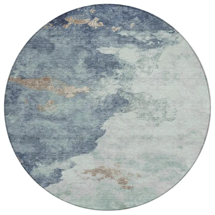 8' Pale Aqua And Taupe Round Abstract Washable Indoor Outdoor Area Rug