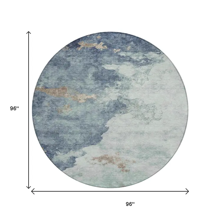 8' Pale Aqua And Taupe Round Abstract Washable Indoor Outdoor Area Rug