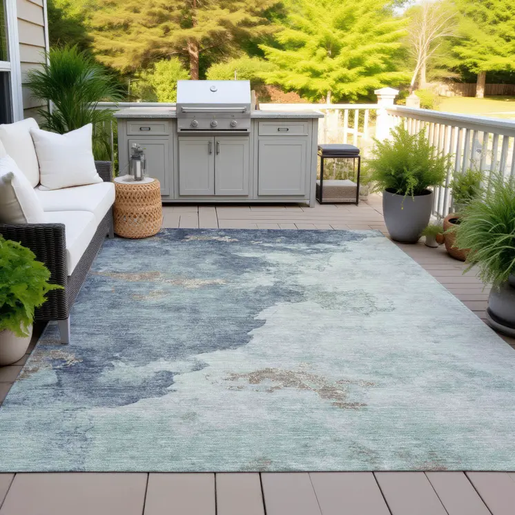 8' X 10' Pale Aqua And Taupe Abstract Washable Indoor Outdoor Area Rug