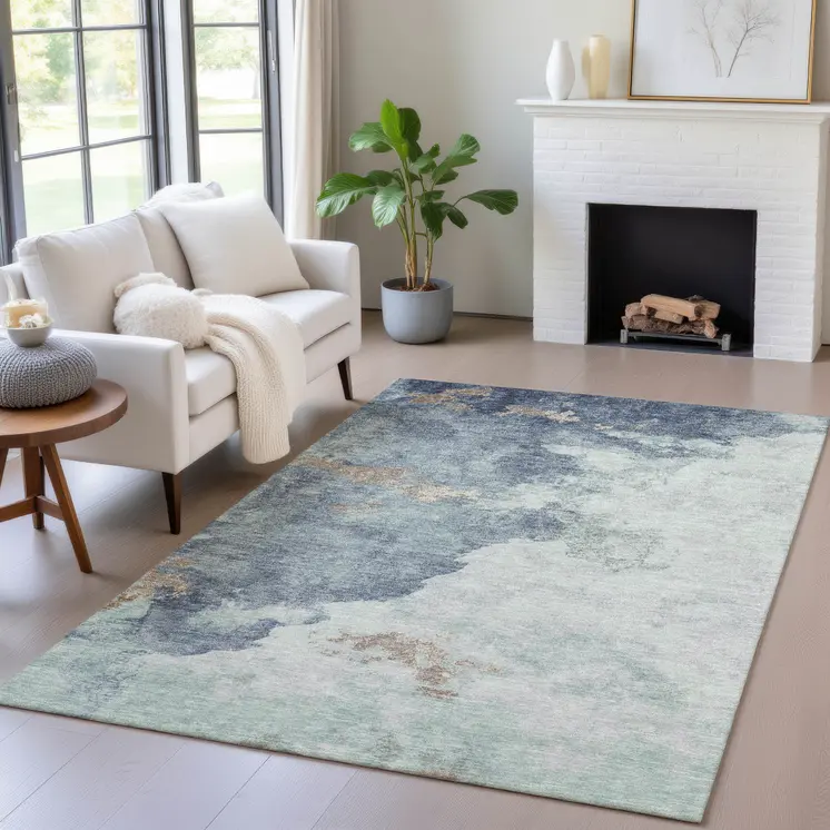 8' X 10' Pale Aqua And Taupe Abstract Washable Indoor Outdoor Area Rug