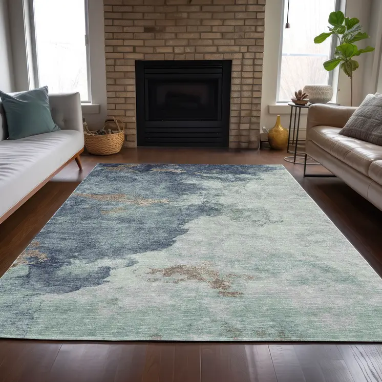 10' X 14' Pale Aqua And Taupe Abstract Washable Indoor Outdoor Area Rug