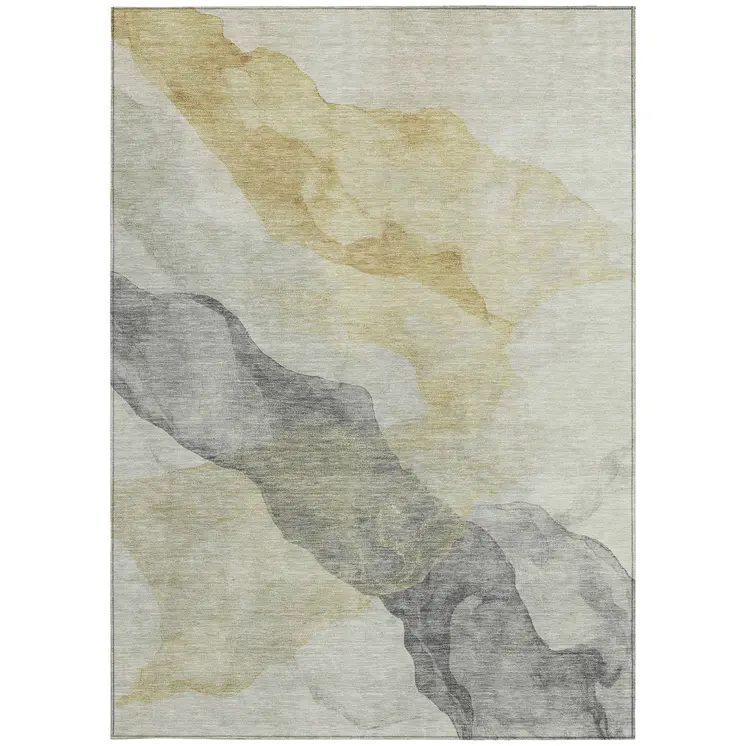 5' X 8' Beige And Gold Abstract Washable Indoor Outdoor Area Rug