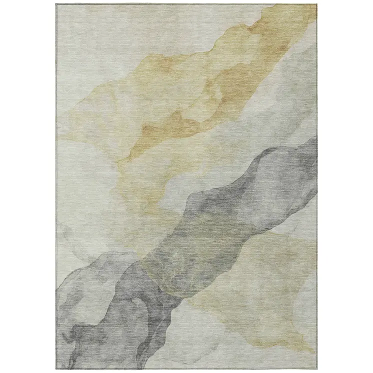 5' X 8' Beige And Gold Abstract Washable Indoor Outdoor Area Rug
