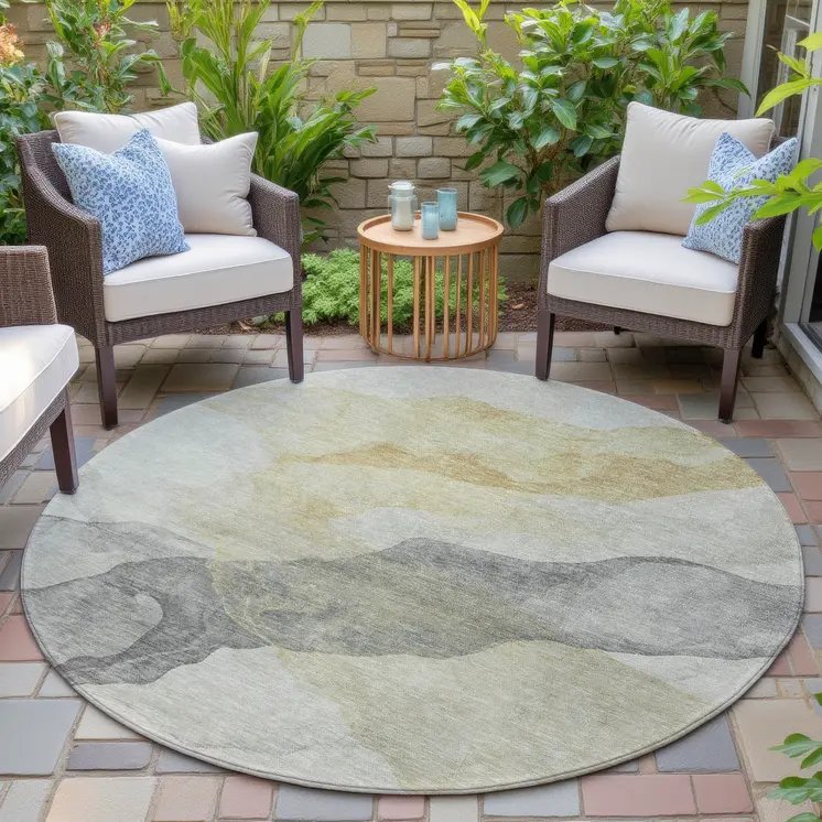 8' Beige And Gold Round Abstract Washable Indoor Outdoor Area Rug