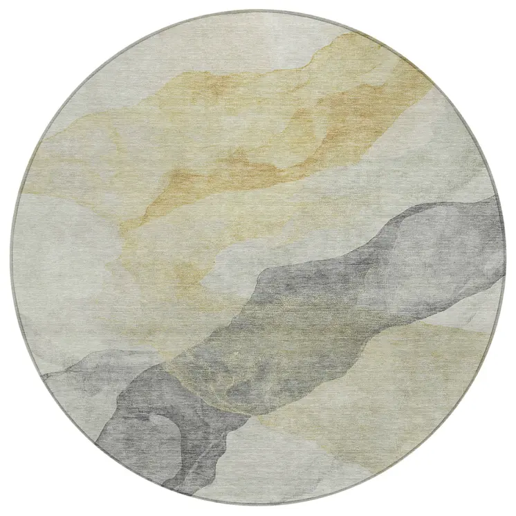 8' Beige And Gold Round Abstract Washable Indoor Outdoor Area Rug