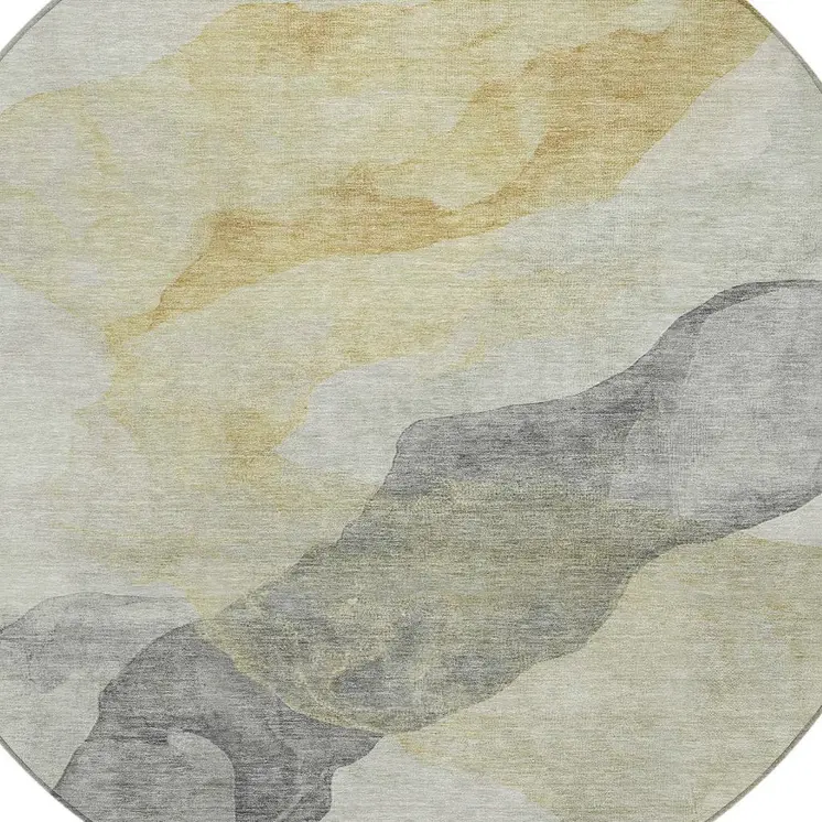 8' Beige And Gold Round Abstract Washable Indoor Outdoor Area Rug