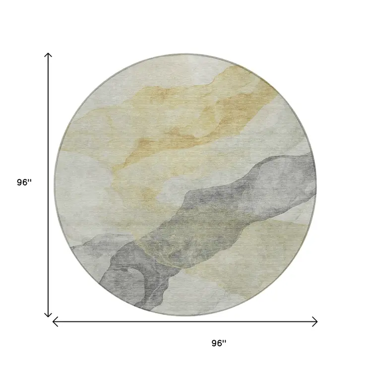 8' Beige And Gold Round Abstract Washable Indoor Outdoor Area Rug
