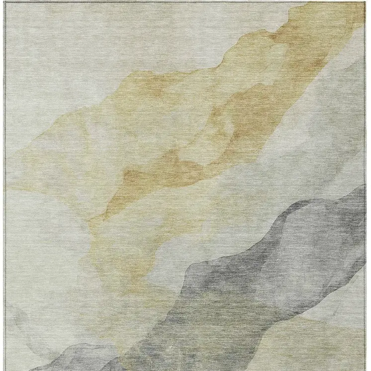 9' X 12' Beige And Gold Abstract Washable Indoor Outdoor Area Rug
